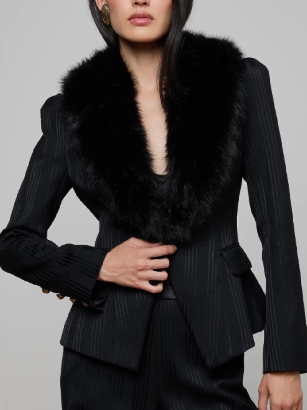 L’AGENCE Kaisley Black Faux-Fur Collar Striped Blazer NWT